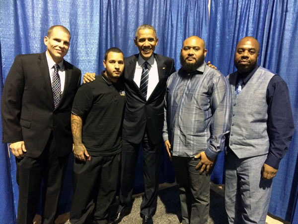 <i>Jeffrey Copeland (far left) and other ex-offenders met President Obama (center) at the NAACP convention. (Photo courtesy of Jeffrey Copeland)</i>