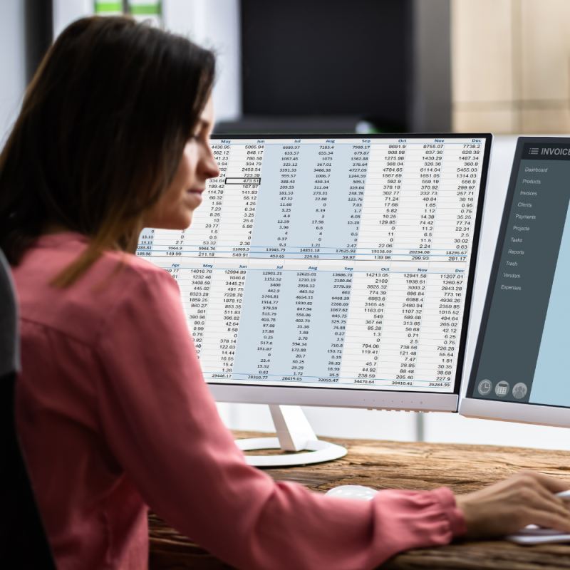 An accountant reviews financial records on a dense spreadsheet on a computer screen