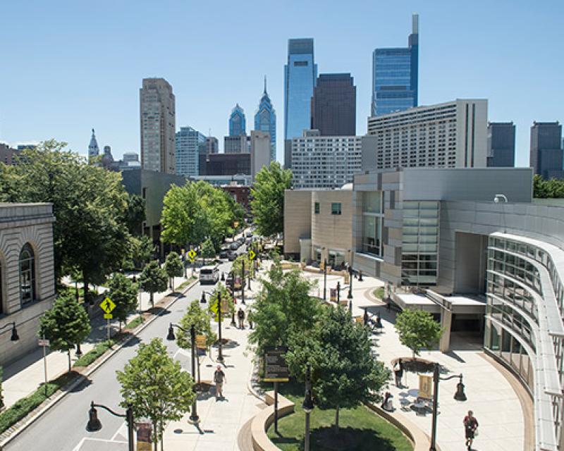 Community College of Philadelphia campus with city skyline