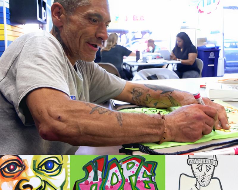 Man at table drawing with a marker with images of his art
