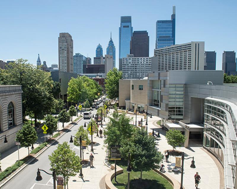 Community College of Philadelphia campus with Philly skyline