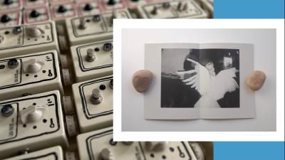 Image with guitar petals and an old photograph of a woman wearing angel wings 