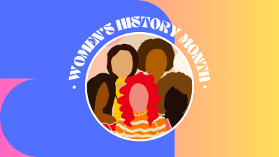 Womens History Month logo featuring a cartoon of a diverse group of women