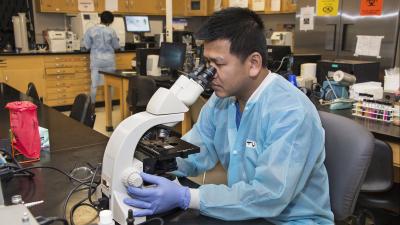 student using a microscope