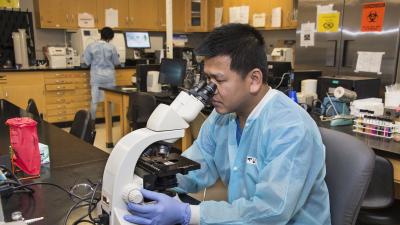 student using a microscope