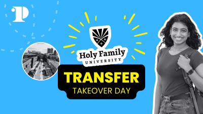 "Holy Family University  Transfer Takeover day" in graphic fonts.