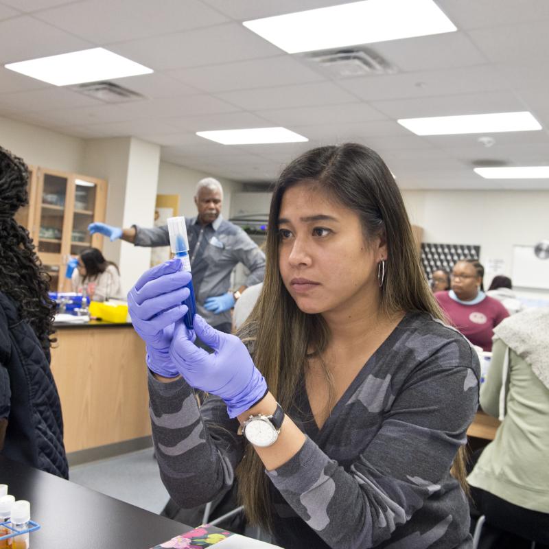 Student in a lab looking closly at a test tube