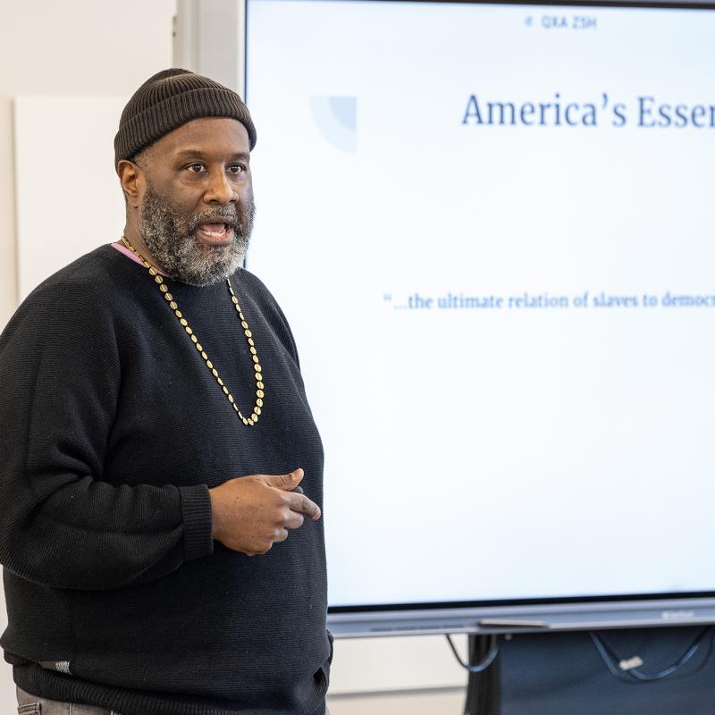 Professor lecturing about restorative justice topics