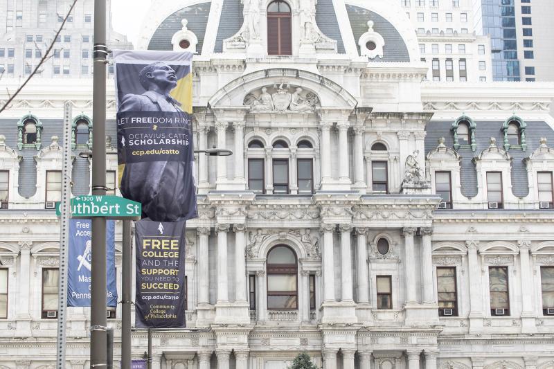 City hall with Community College of Philadelphia Catto banners