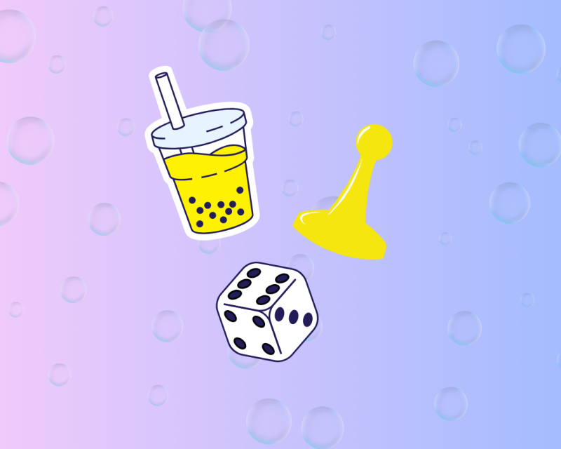Boba and a game piece and dice