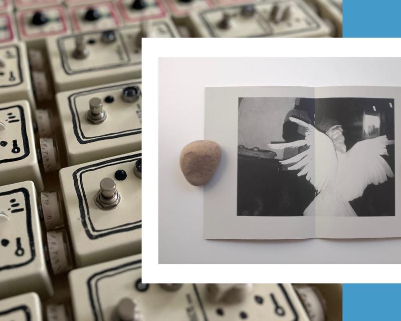 Image with guitar petals and an old photograph of a woman wearing angel wings 