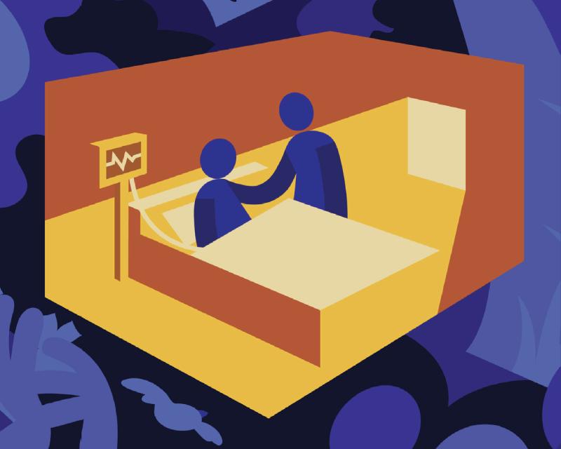 Art of figure beside the sick bed of another figure