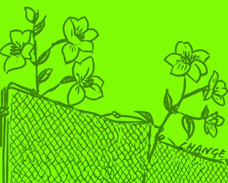  green image of a flower breaking through a fence with "Change the narrative" written above the fence