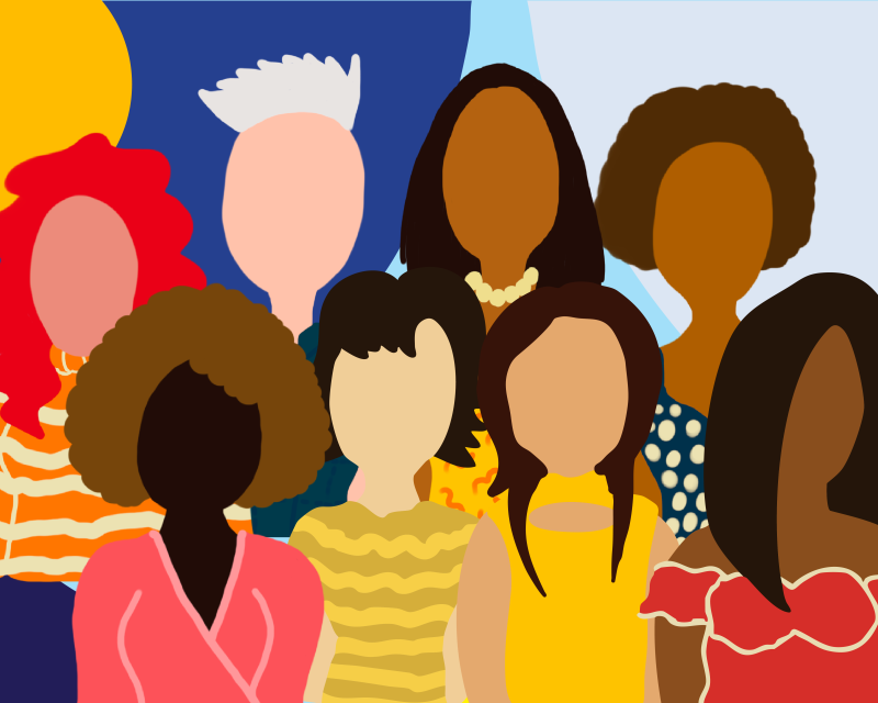 Womens History Month logo featuring a cartoon of a diverse group of women