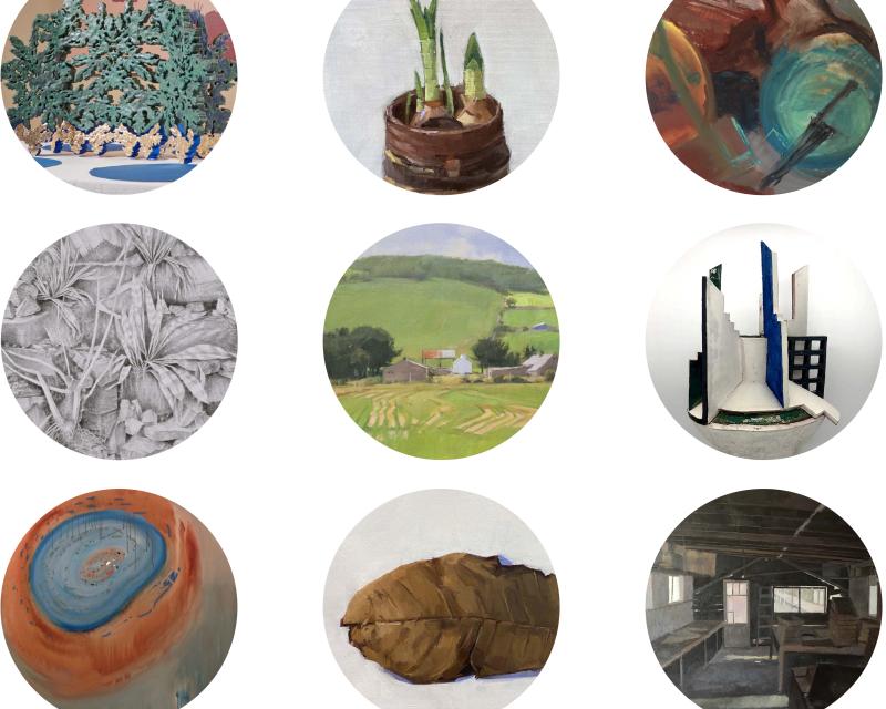 various artworks in circle frames