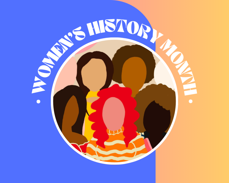 Womens History Month logo featuring a cartoon of a diverse group of women.