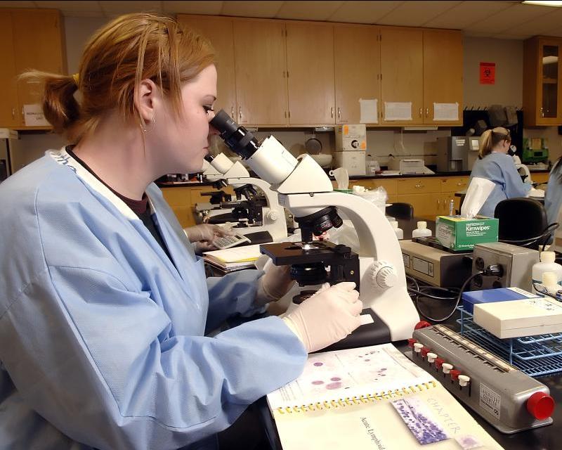 studetn using a microscope