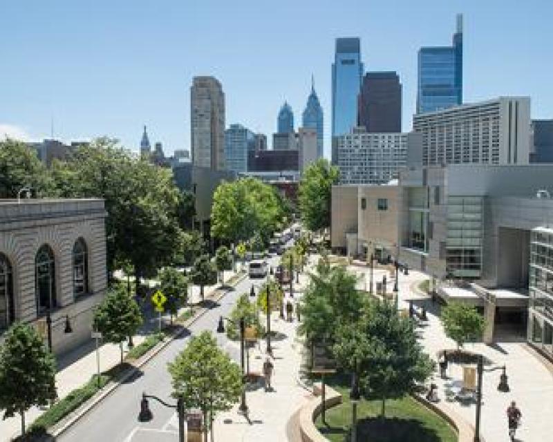 View of Main Campus at 17th Street and Spring Garden Street with city skyline in view